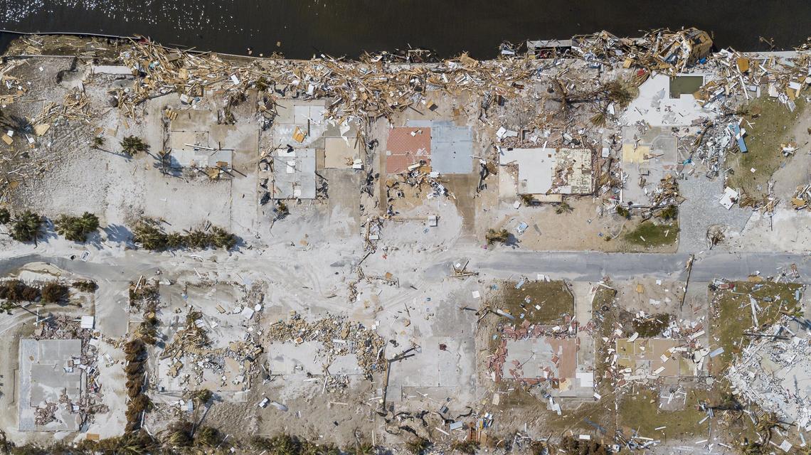 Aerial view of rubble and structural damage in Mexico Beach, Florida on Friday, Oct. 19, 2018. Hurricane Michael devastated the Florida Panhandle, leaving tens of thousands without food, power or shelter.