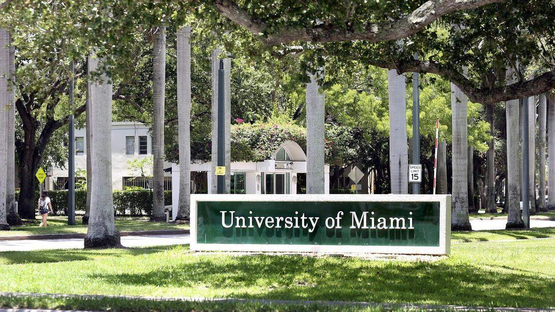 This University of Miami main campus, from the corner of Stanford Drive and Ponce de Leon Boulevard in Coral Gables.