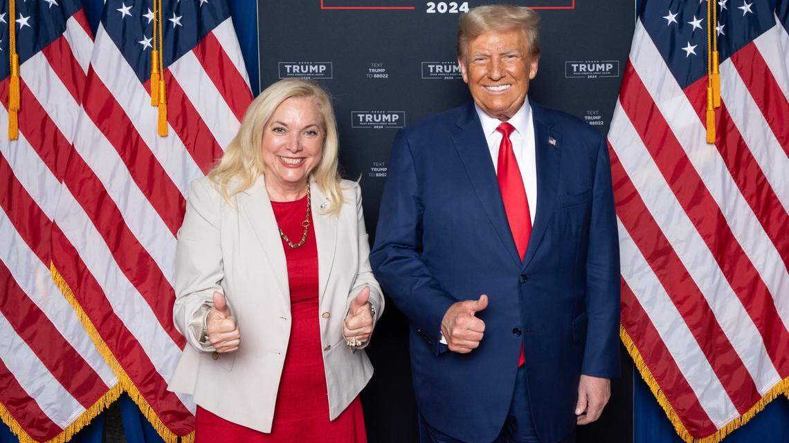 Florida state Rep. Alina Garcia, a Republican candidate for Miami-Dade elections supervisor, poses with former President Donald Trump on Nov. 8, 2023, in Hialeah. Trump endorsed Garcia’s county candidacy on April 30, 2024.