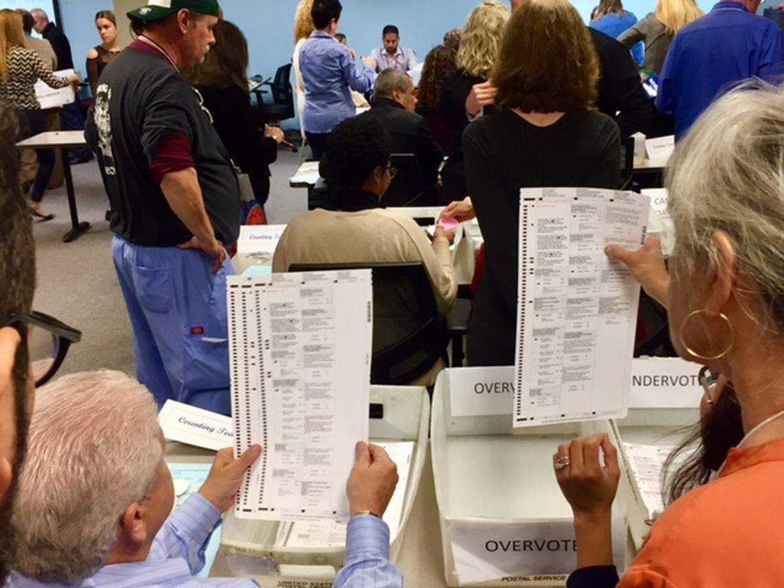 At Miami-Dade election headquarters, counting groups monitored by observers check ballots for overvotes and undervotes.