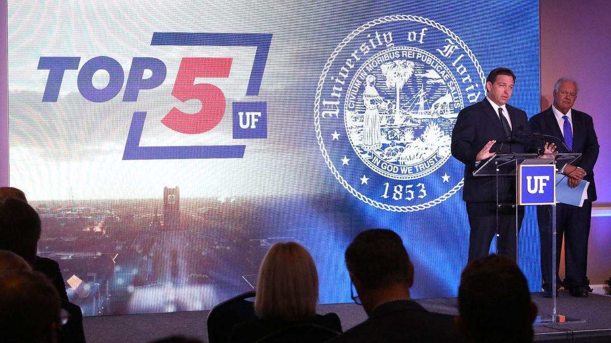 Florida governor Ron DeSantis congratulates everyone at the University of Florida for the university reaching the Top 5 of universities in the country, during a ceremony at Alumni Hall on the UF campus in Gainesville, Fla. Sept. 13, 2021. [Brad McClenny/The Gainesville Sun]