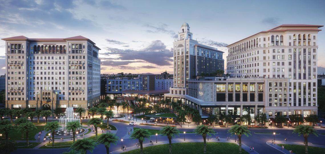 An architectural rendering show how the completed The Plaza Coral Gables mixed-use project on Ponce de Leon Boulevard will look when completed. The project’s first phase is now under construction.