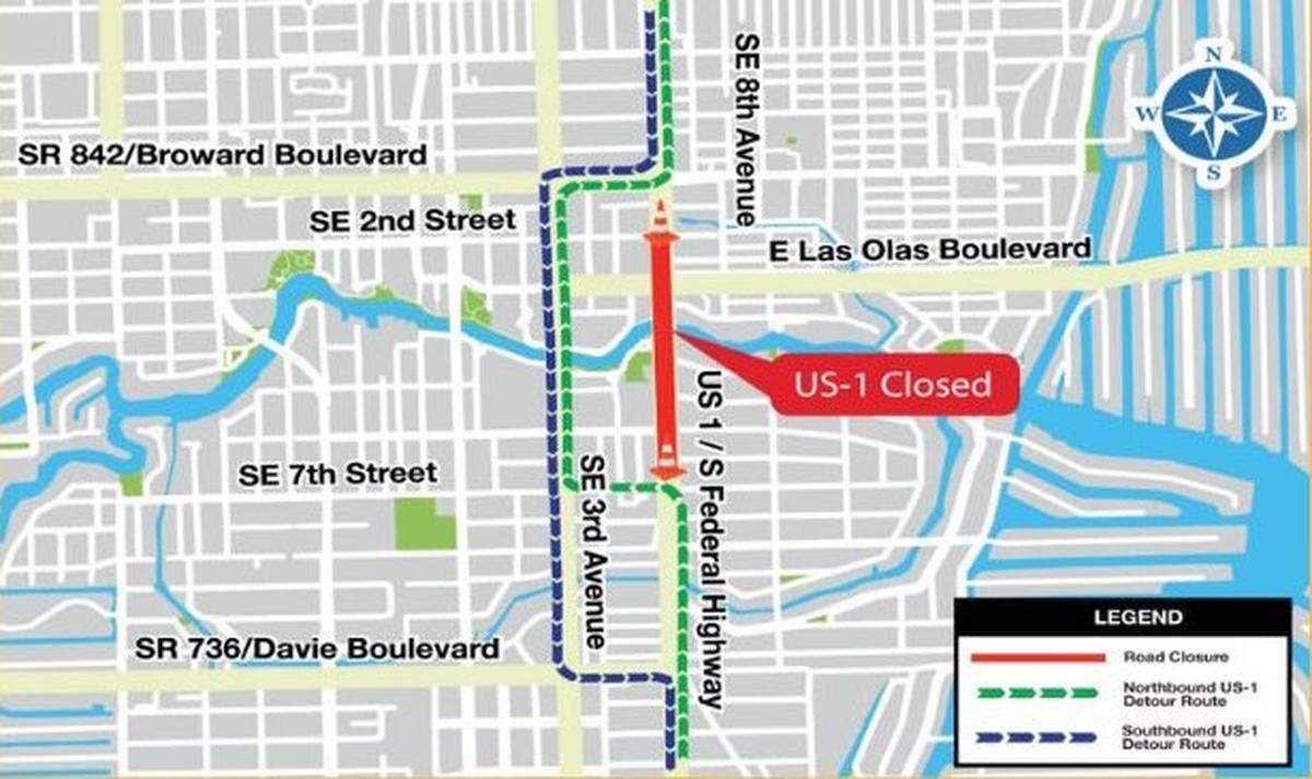 A map showing the US-1 and Kinney Tunnel closure that is in effect until Friday.
