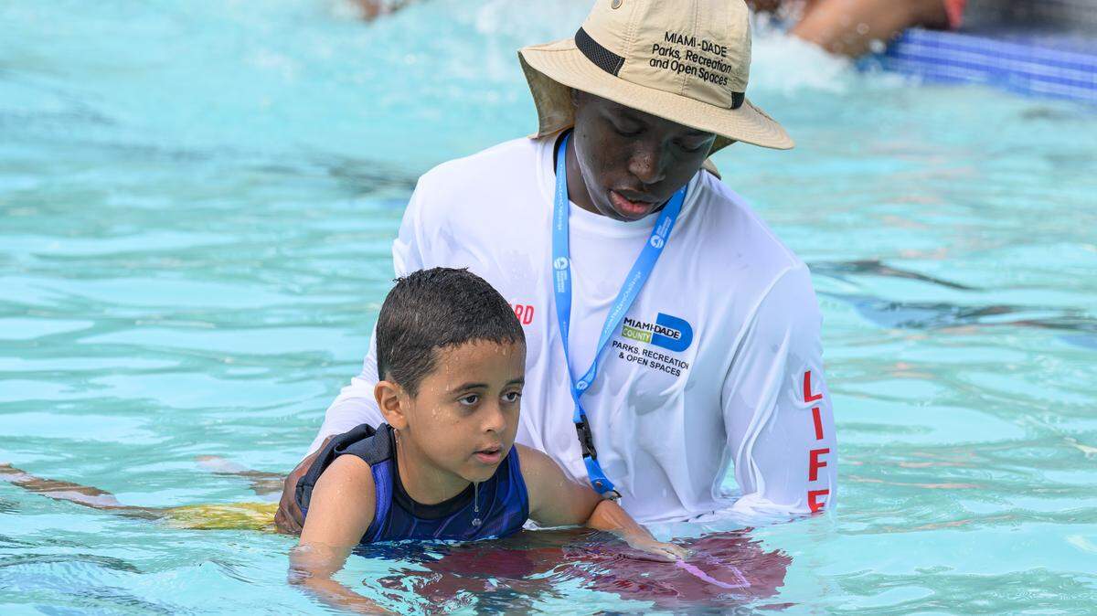 Children participate in free water safety swim lessons through Zero Drownings Miami-Dade, a countywide initiative led by The Children’s Trust in partnership with Miami-Dade County, Miami-Dade County Public Schools, and the American Red Cross to prevent child drownings and keep kids safe in and around water.