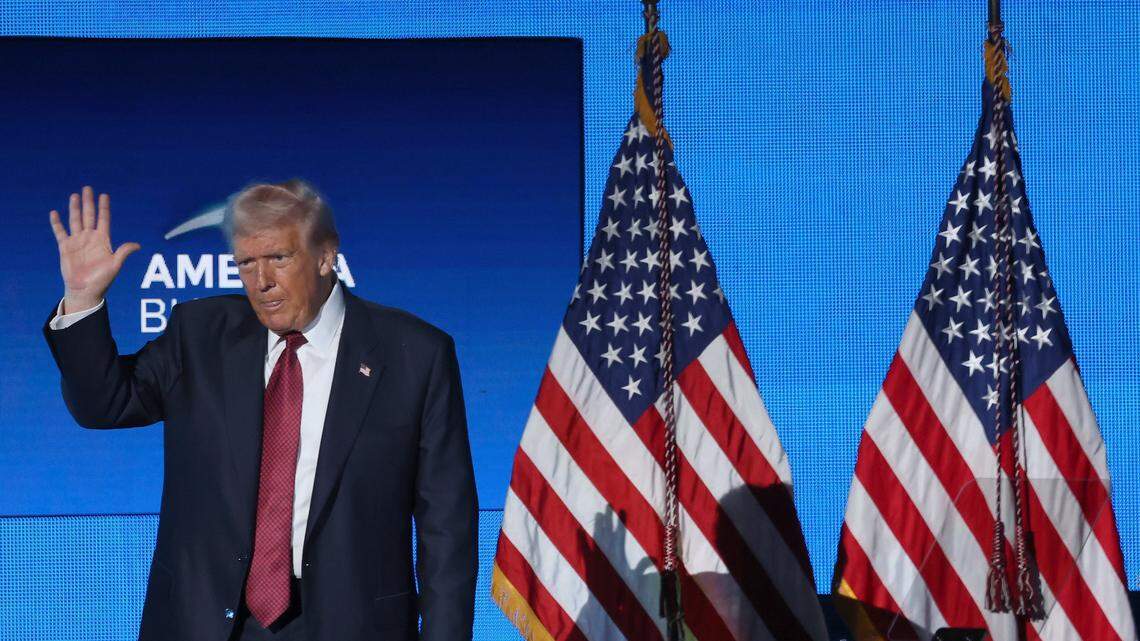 President Donald J. Trump waves while exiting the stage during the American Business Forum at the Kaseya Center in Miami, Florida on Wednesday, November 5, 2025.