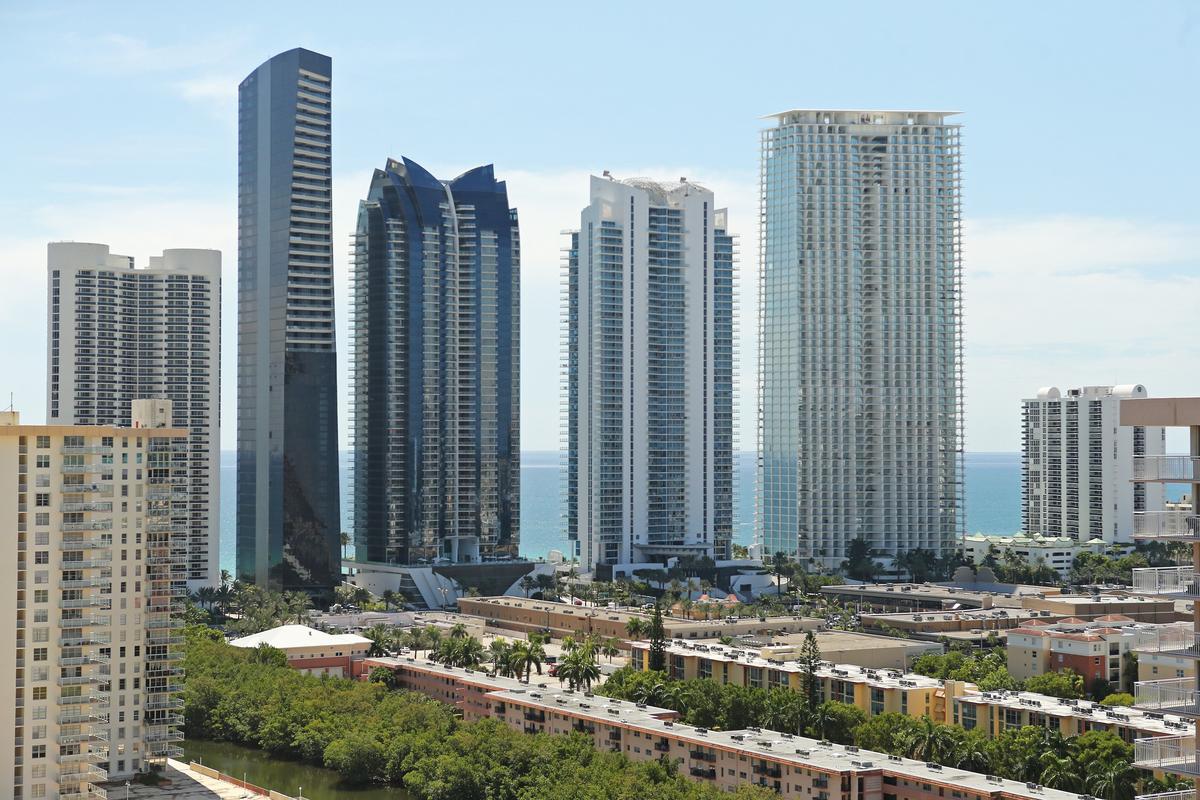 A view of the Sunny Isles Beach skyline on the east side; on the west side are RK Centers and lower condos and apartments.