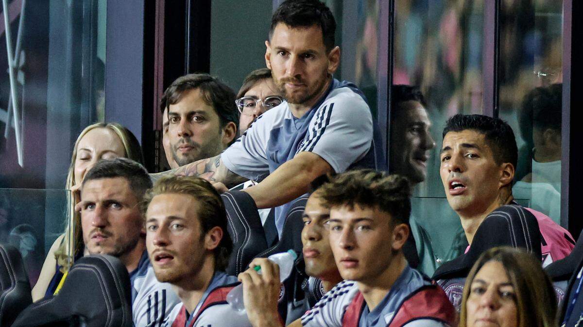 Inter Miami forward Lionel Messi (10) sits on the bench with teammates in the second half of a CONCACAF Champions Cup tournament soccer match against the Nashville SC at Chase Stadium, in Fort Lauderdale, Florida on Wednesday, March 13, 2024. He has not played since and will miss the game Saturday against New York City FC.