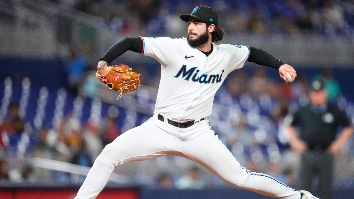 Jun 5, 2023; Miami, Florida, USA; Miami Marlins relief pitcher Andrew Nardi (43) throws a pitch against the Kansas City Royals during the seventh inning at loanDepot Park. Mandatory Credit: Rich Storry-USA TODAY Sports