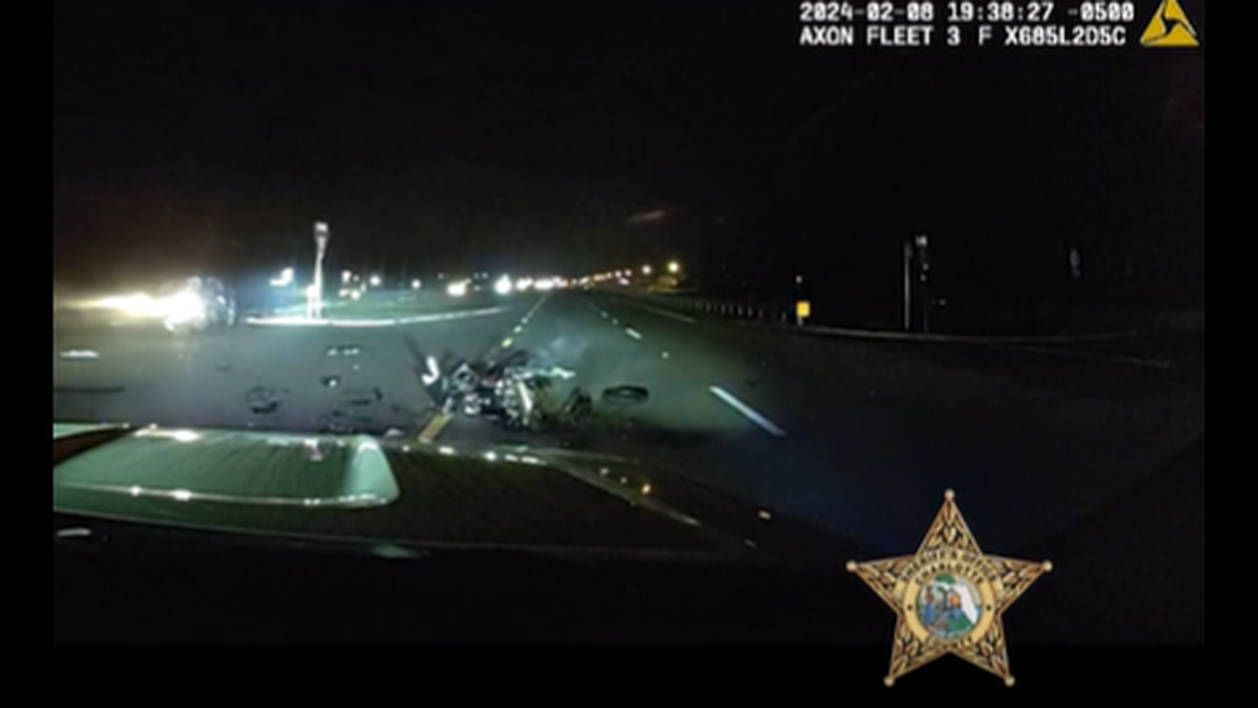 A motorcycle shattered during a crash with another vehicle at more than 100 mph, the sheriff’s office said.
