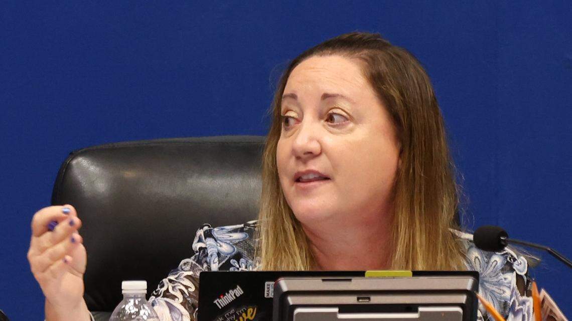 Broward School Board Chair Lori Alhadeff discusses the application process for a new superintendent of Broward public schools on Tuesday, May 9, 2023, in Fort Lauderdale, Florida.