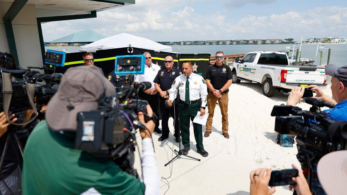 Lee County Sheriff Carmine Marceno speaks with reporters in the Fort Myers area after a Florida Gulf Coast student was found dead in Lake Como in the morning of Thursday, Aug. 24, 2023.