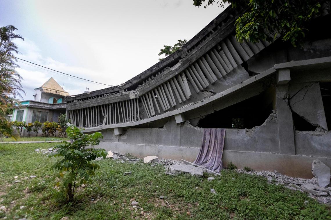 A completely destroyed building at Mazenod College at Camp Perrin, Haiti, after the Aug. 14, 2021, earthquake.