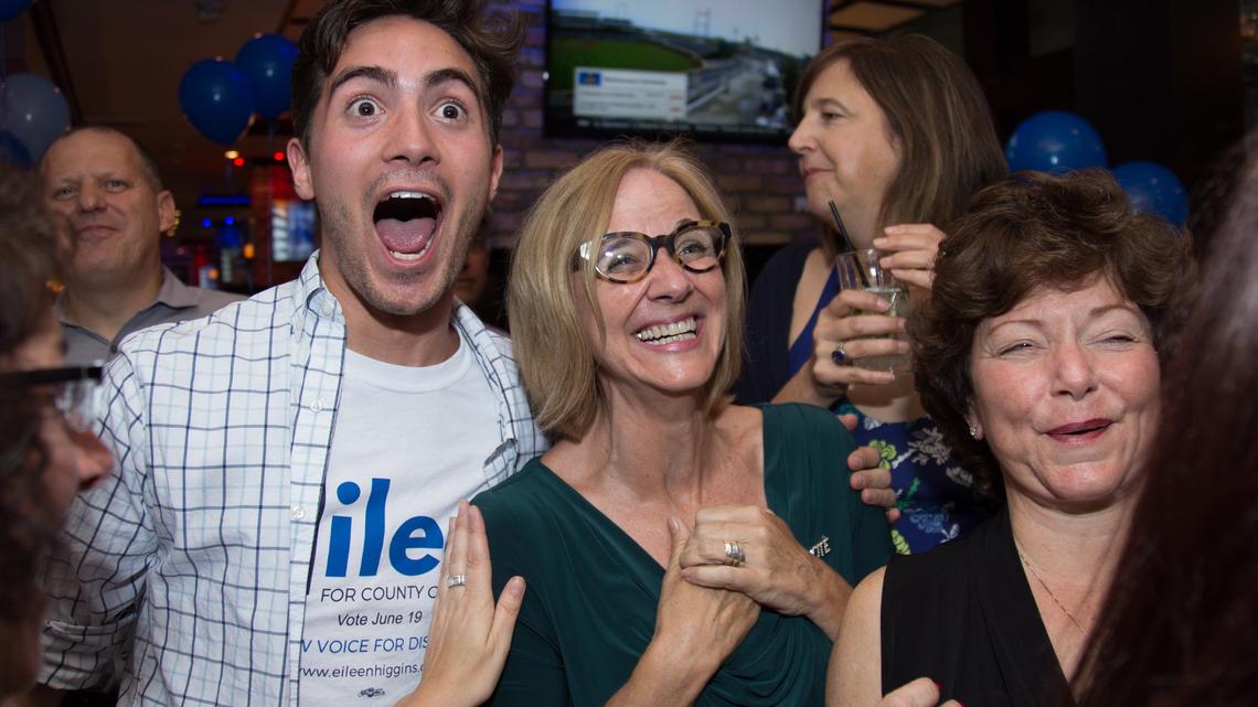 Eileen Higgins, center, candidate for vacant Miami-Dade County Commission District 5 seat, reacts with campaign communications director Guillermo Perez, left, after learning the first results of the special election during a party at American Social in Brickell on Tuesday, June 19, 2018.