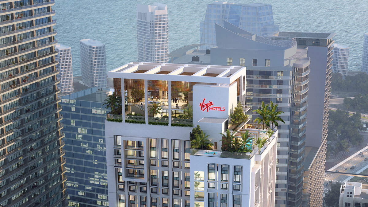 A rendition of Virgin Hotels Miami in the heart of Brickell.