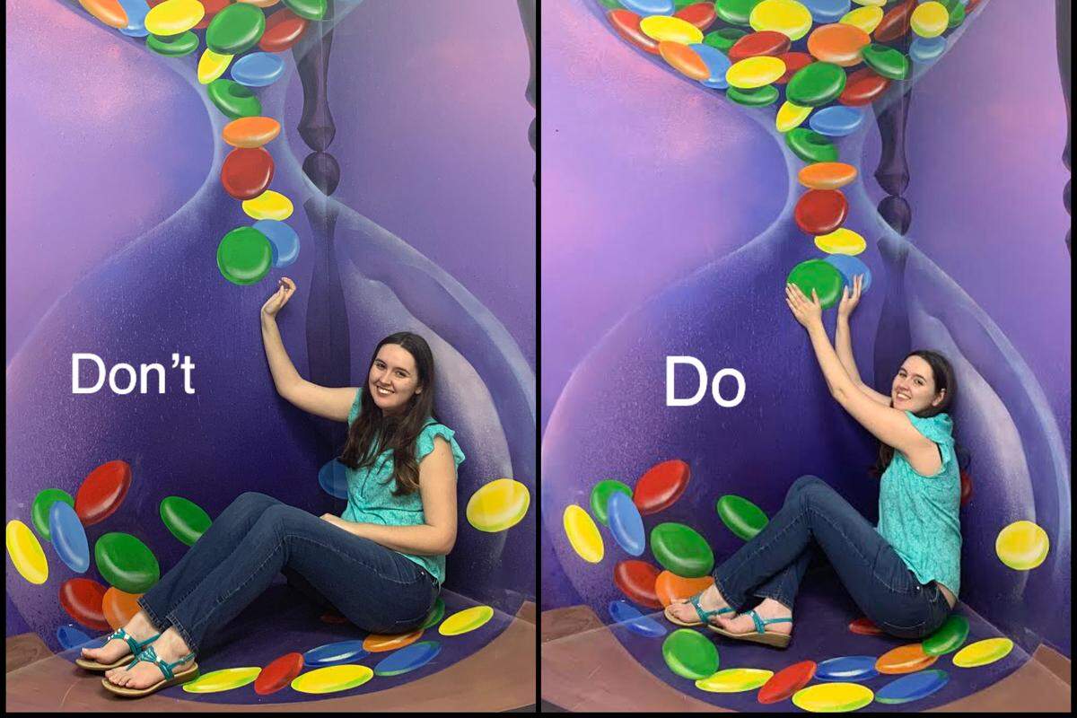 Pro tip: Think about your pose. Make sure your foot isn’t outside of the hour glass or it will mess up the optical illusion.