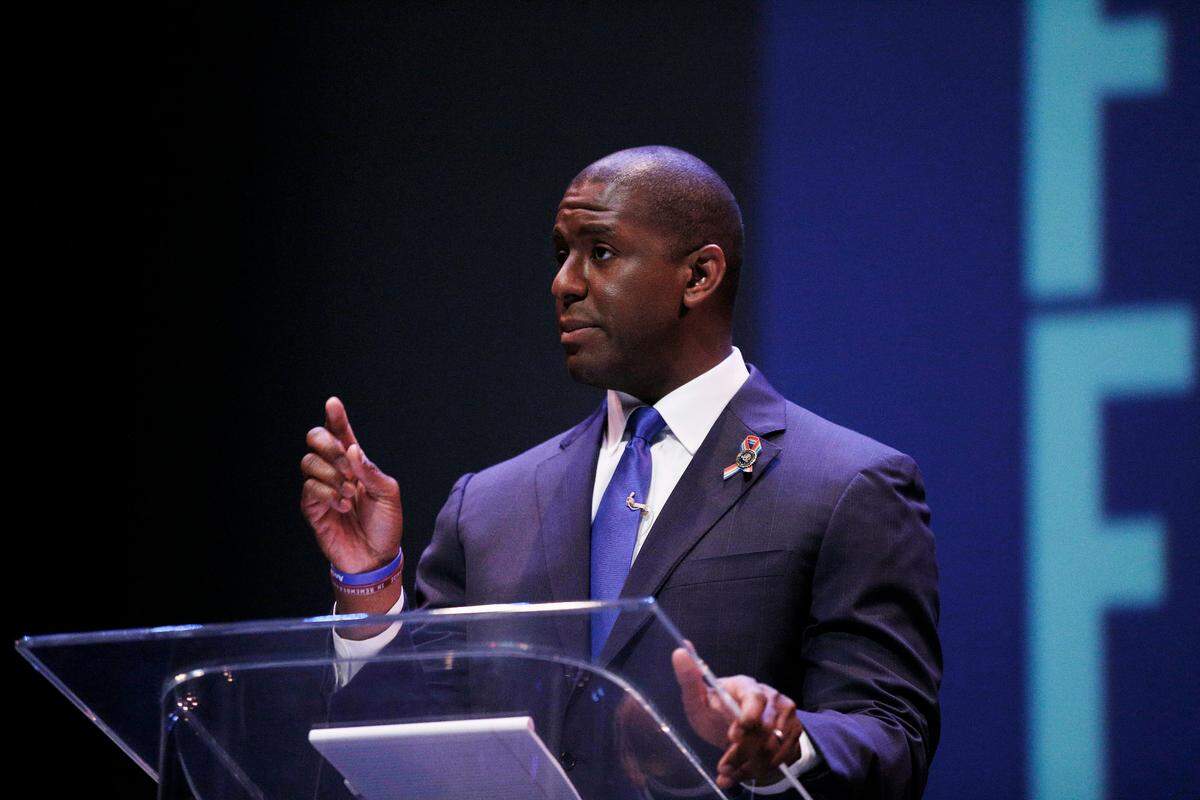 Tallahassee Mayor Andrew Gillum speaks during Monday's debate ahead of the Democratic primary for governor in Miramar.