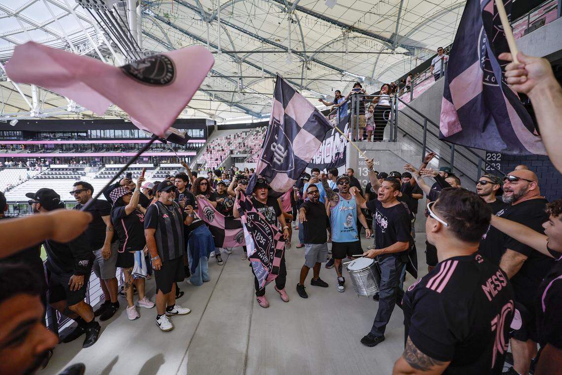 Inter Miami CF fans react as they arrive at Miami Freedom Park Nu Stadium to watch Inter Miami CF practice, in Miami, Florida, on Thursday, April 2, 2026. Miami Freedom Park is a privately funded, 131-acre, $1.3 billion development near Miami International Airport. It includes Nu Stadium, a 26,700-seat home for Inter Miami CF and scheduled to open April 4, 2026.