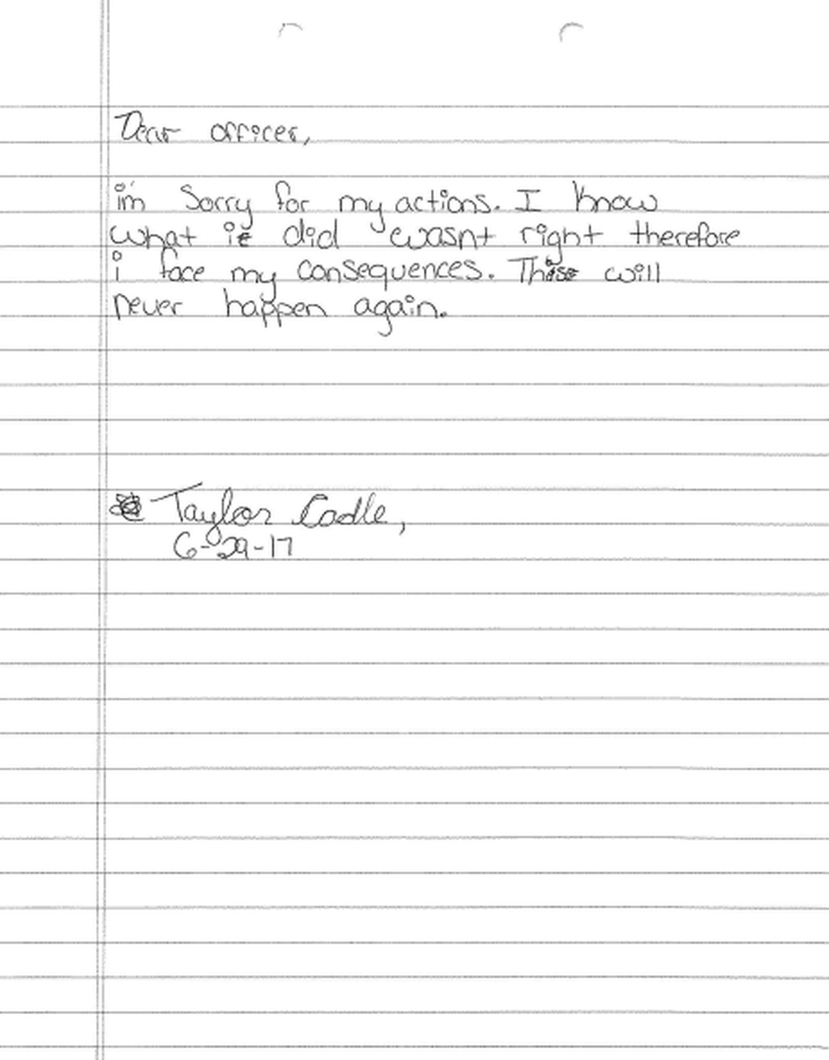 Taylor Cadle’s apology letter to the Polk County Sheriff’s Office