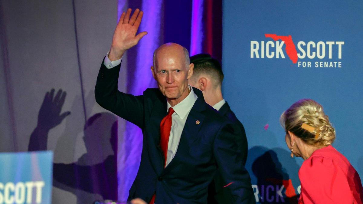 U.S. Sen. Rick Scott departs the stage as he celebrates his win with family and supporters during an election night party at the Hyatt Regency Coconut Point Resort in Bonita Springs, Florida, on Tuesday, Nov. 5, 2024.