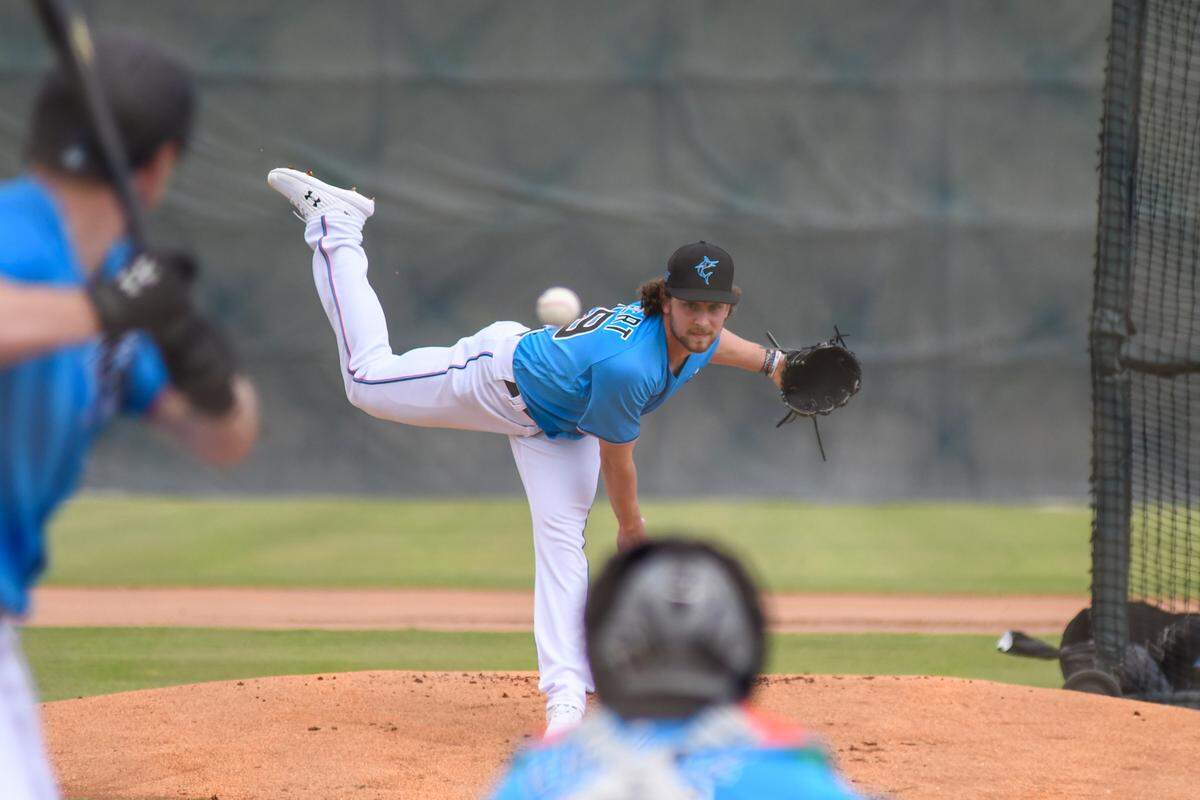 Miami Marlins pitcher Nick Neidert throws a live batting practice session on Wednesday, Feb. 24, 2021, at the Roger Dean Chevrolet Stadium complex in Jupiter, Florida.