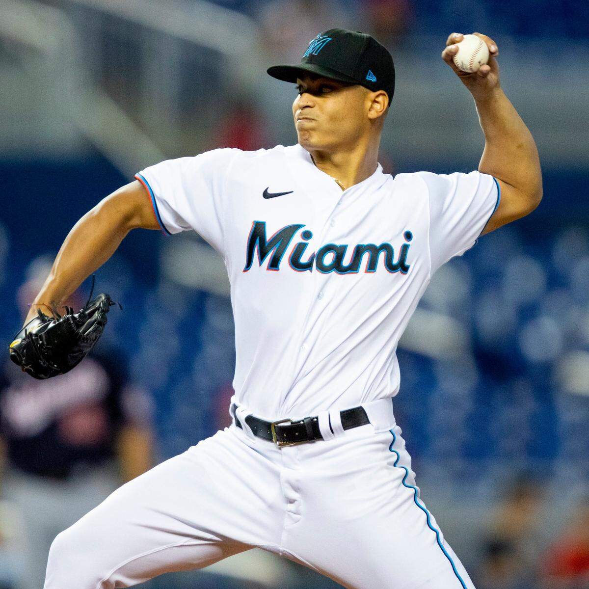 Miami Marlins pitcher Jesus Luzardo (44) pitches the ball during the first inning of an MLB game against the Washington Nationals at loanDepot park in the Little Havana neighborhood of Miami, Florida, on Tuesday, August 24, 2021.