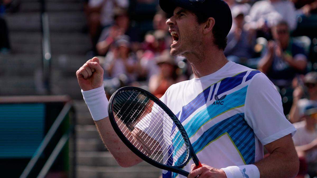 Andy Murray, of Britain, reacts to winning a point over Alexander Bublik, of Kazakhstan, at the BNP Paribas Open tennis tournament Sunday, March 13, 2022, in Indian Wells, Calif. (AP Photo/Mark J. Terrill)