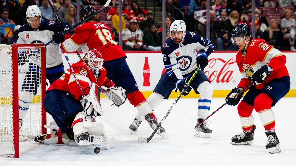 Mar 11, 2023; Sunrise, Florida, USA; Florida Panthers goaltender Sergei Bobrovsky (72) saves Winnipeg Jets right wing Blake Wheeler (26) shot during the first period at FLA Live Arena. Mandatory Credit: Rich Storry-USA TODAY Sports