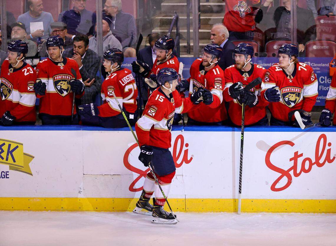 Florida Panthers center Anton Lundell (15) celebrates with the bench after scoring against the Colorado Avalanche during the third period of a NHL game at the FLA Live Arena on Thursday, October 21, 2021 in Sunrise, Fl.