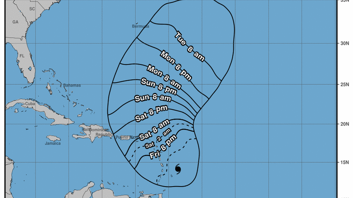 El pronóstico del Centro Nacional de Huracanes para el huracán Tammy a las 2 p.m. del viernes 20 de octubre de 2023 indica que la tormenta de categoría 1 impactará las islas del Caribe oriental durante el fin de semana.