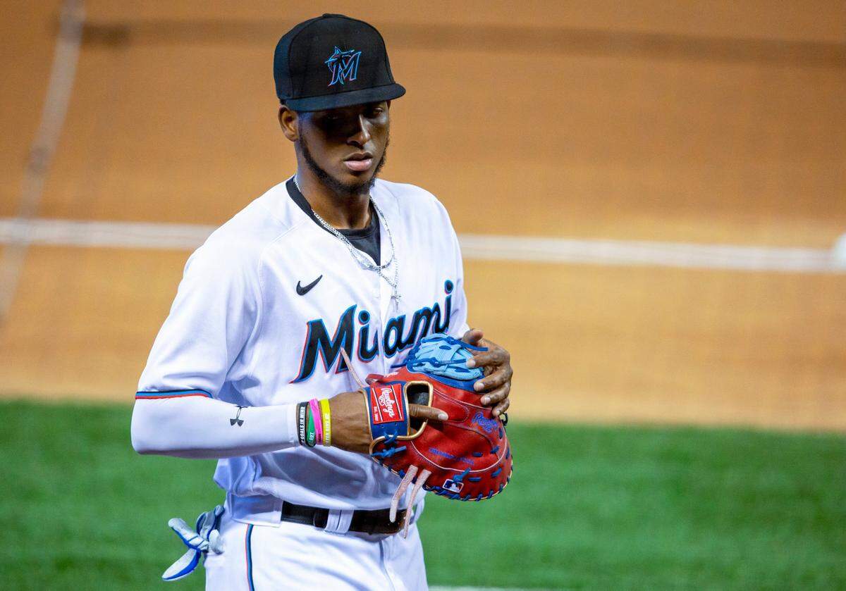 Marlins infielder Lewin Diaz before a intra squad simulated game at Marlins Park in Miami, Florida on Tuesday, July 14, 2020.