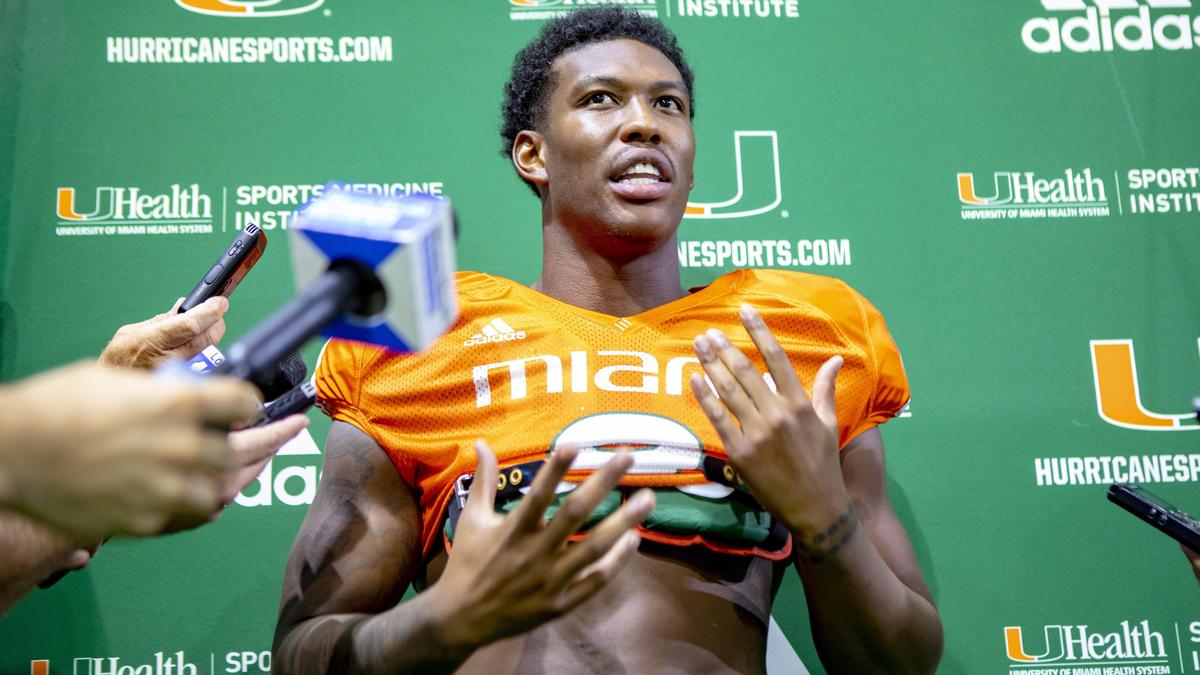 Miami Hurricanes tight end Brevin Jordan (9) speaks to the media after the University of Miami’s Fall practice at Greentree Field in Coral Gables on Sunday, July 28, 2019.
