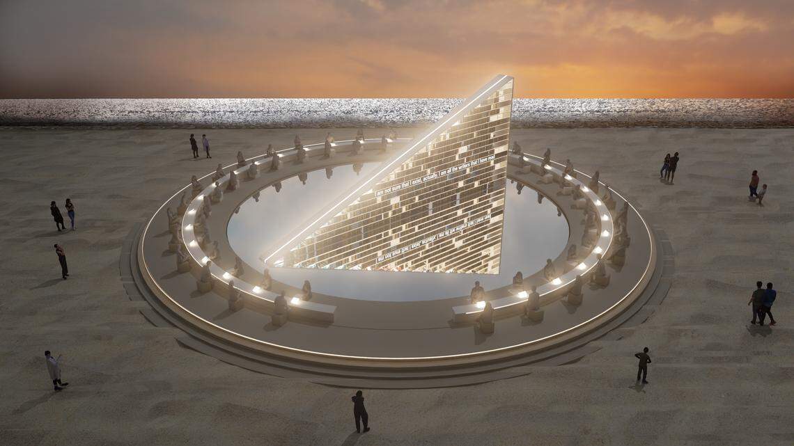 A rendering of the installation British artist Es Devlin was commissioned by Faena Art to create. Called “Library of Us,” the piece will be a monumental sculpture installed on the beach for Miami Art Week.