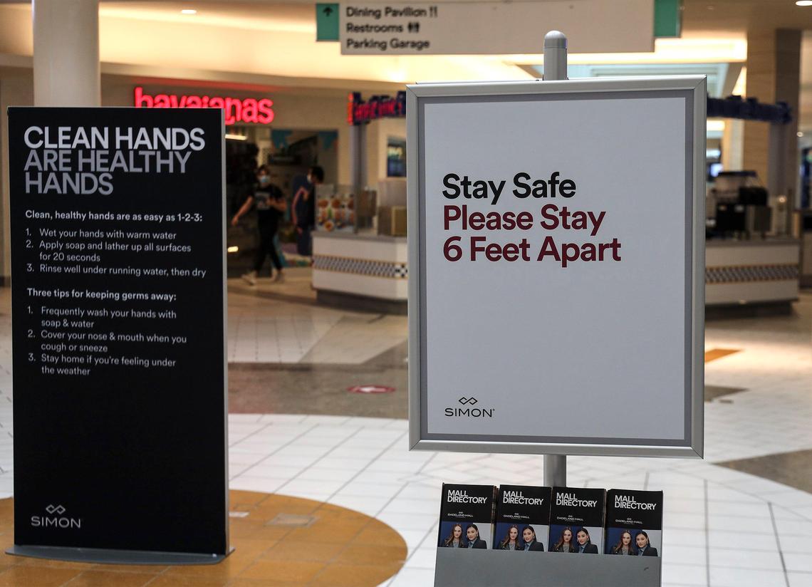 Signs are posted throughout Dadeland Mall as it reopened with its comprehensive COVID-19 Exposure Control Policy. Dadeland Mall disinfected surfaces, spaced furniture and marked floors in accordance with social distancing guidelines, added single direction foot traffic, established mandatory mask requirement for shoppers, reduced of hours of operation, installed hand sanitizers, and posted additional signage regarding washing of hands and keeping social distancing while shopping. The media was taken for a quick tour as the large mall prepared to re-open on Monday, May 18, 2020.
