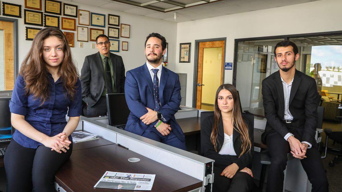 The 2019-2020 staff of Miami Dade College’s student newspaper The Reporter was named the top college newspaper in Florida for the 10th year in a row. From left: Heidi Perez-Moreno, Manolo Barco, Cristian Ortega, Valentina Gonzalez, Corbin Bolies.