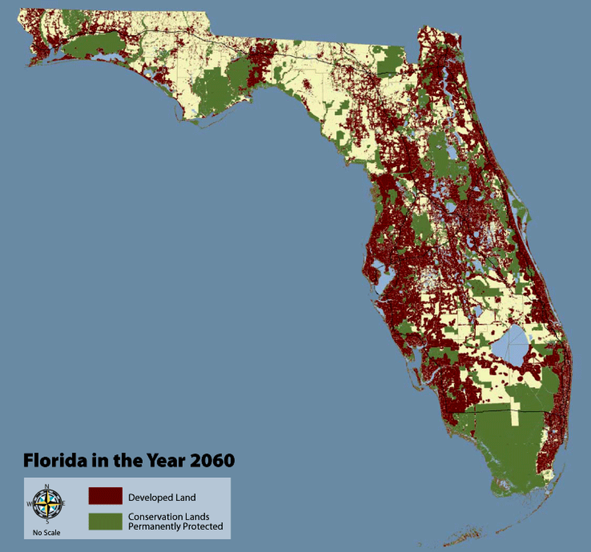 The environmental protection group 1,000 Friends of Florida analyzed approved and zoned developments to create this likely map of development in Florida by 2060.
