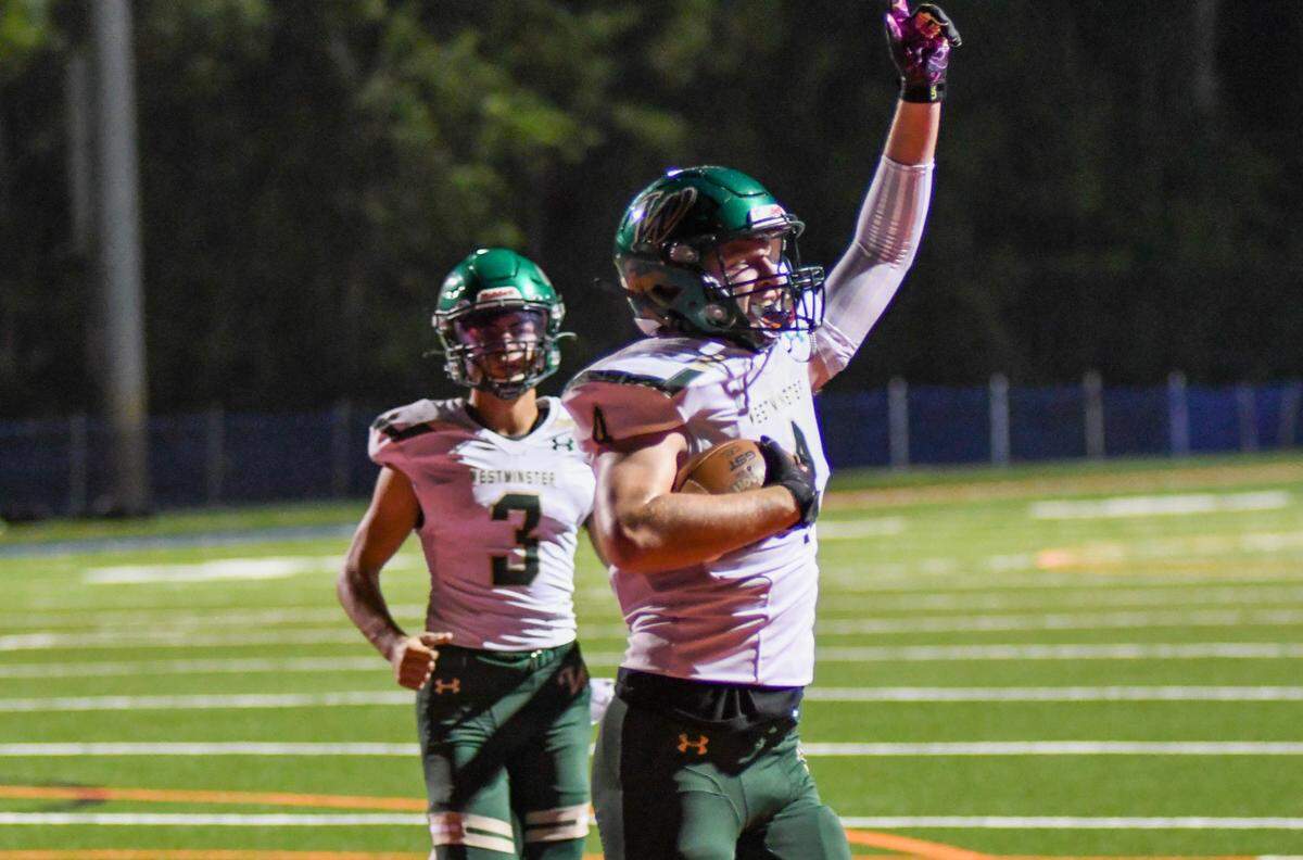 Westminster Christian tight end Brian Teasdale celebrates after scoring a first quarter touchdown in Westminster Christian’s 20-13 loss to Palm Beach Gardens Benjamin in an FHSAA Region 4-3A playoff play-in game at The Benjamin School in Palm Beach Gardens, Florida, on Friday, Nov. 6, 2020.
