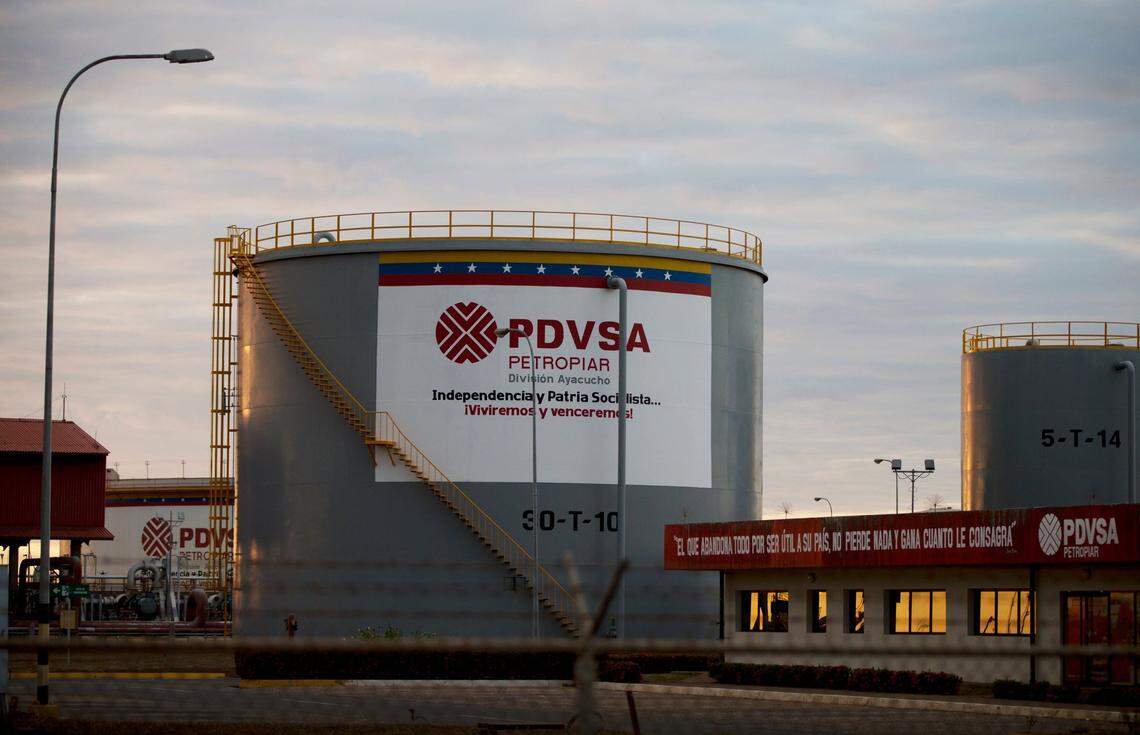 PDVSA storage tanks at the state-run oil company’s crude oil complex near El Tigre, Venezuela.