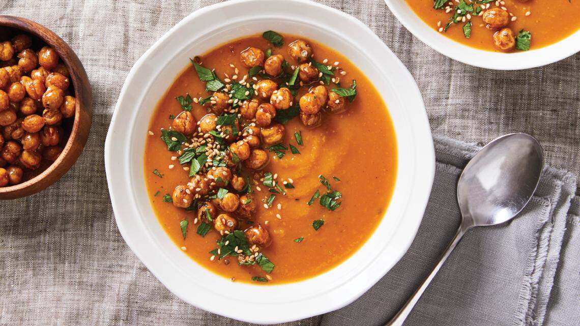 Moroccan squash and chickpea soup with Ras el Hanout.