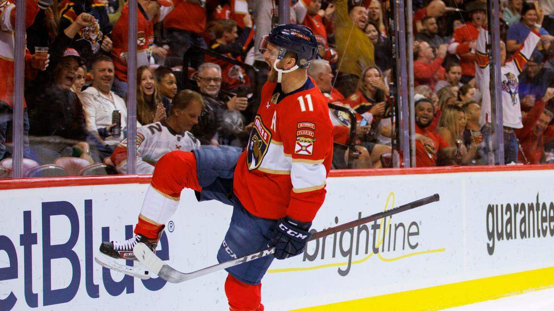 Florida Panthers left wing Jonathan Huberdeau (11) celebrates after scoring a goal during the first period of an NHL game against the Winnipeg Jets at the FLA Live Arena on Friday, April 15, 2022 in Sunrise, Fl.