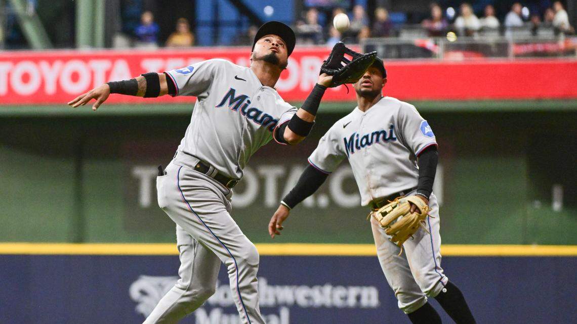 Sep 12, 2023; Milwaukee, Wisconsin, USA; Miami Marlins first baseman Luis Arraez (3) catches a popup hit by Milwaukee Brewers right fielder Tyrone Taylor (not pictured) in the second inning at American Family Field.