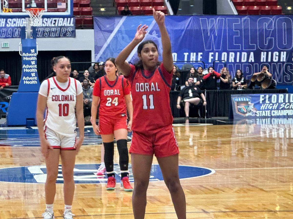 Doral Academy girls basketball guard Angelina DeLeon shoots a free throw during Friday morning’s Class 7A state semifinals against Orlando Colonial at RP Funding Center.