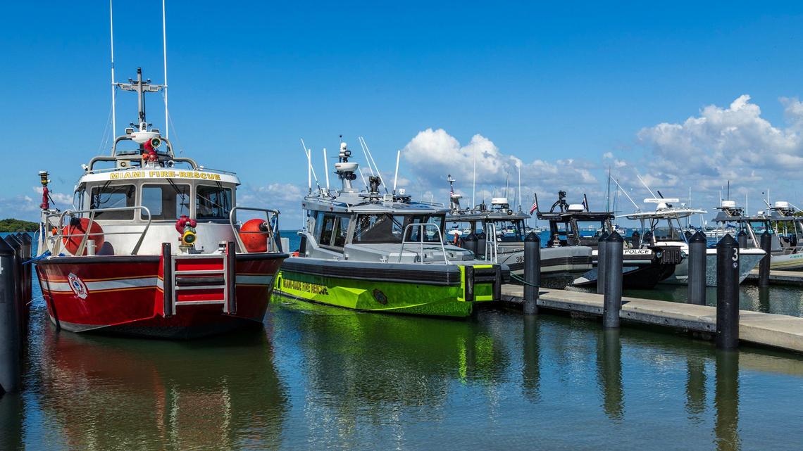 Vessels from different law enforcement agencies and fire departments are on display Thursday, May 23, 2024, at Crandon Park Marina in Key Biscayne during a press conference on boating safety over the Memorial Day weekend.