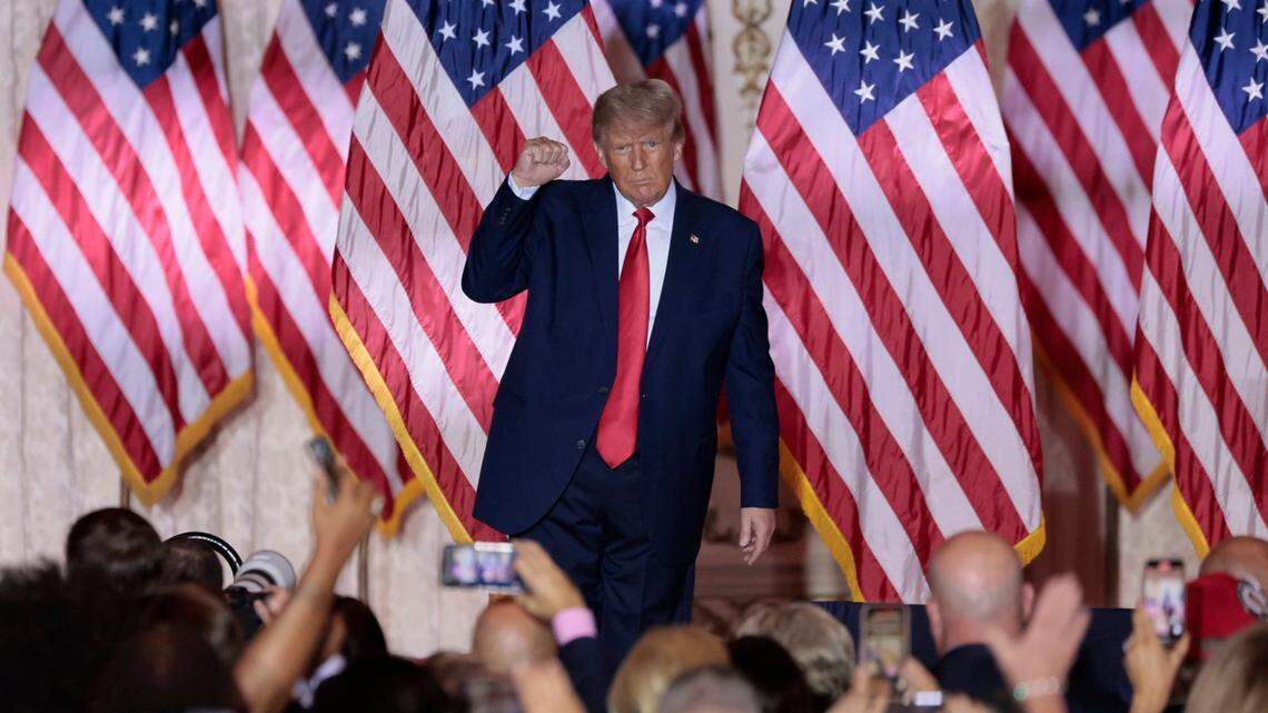 Former President Donald Trump pumps his fist as he reacts to the crowd after Trump announces his bid for the US Presidency from his Mar-a-Lago club in Palm Beach, Florida on Tuesday, November 15, 2022.