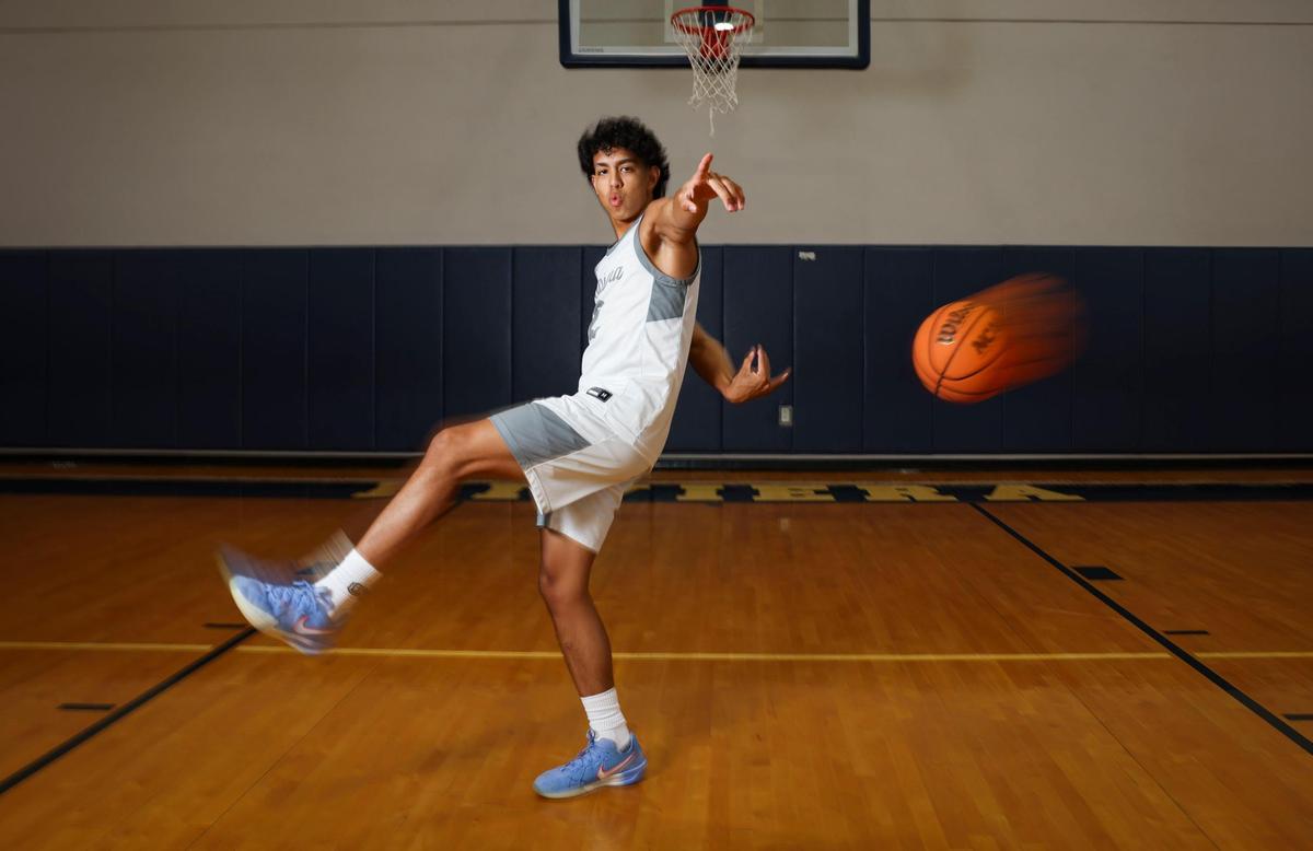 Mason Fuentes, from Riviera Prep, poses during a photo shoot for Miami-Dade basketball players of the year on Tuesday, April 8, 2025, at Riviera Schools Preparatory School Campus in Miami, Fla.