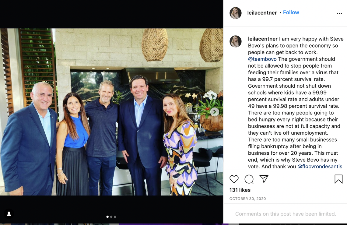 Leila Centner stands with Florida Gov. Ron DeSantis and former Miami-Dade County mayoral candidate Steve Bovo.