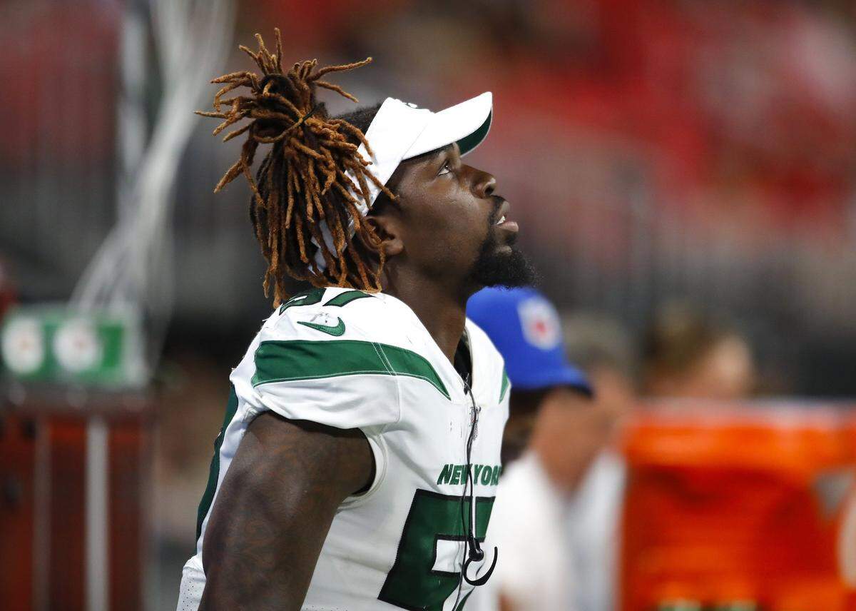 New York Jets linebacker C.J. Mosley looks on from the bench during the second half of a preseason game against the Atlanta Falcons at Mercedes-Benz Stadium on August 15, 2019, in Atlanta. (Todd Kirkland/Getty Images/TNS)