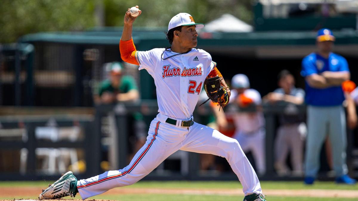 University of Miami pitcher Alejandro Rosario (24) throws a pitch during the first inning of an NCAA baseball game against University of Pittsburgh inside Alex Rodriguez Park at Mark Light Field in Coral Gables, Florida, on Sunday, April 24, 2022.