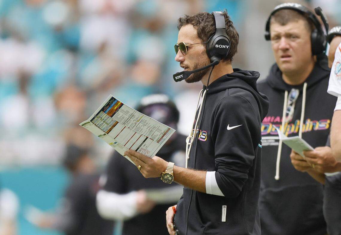 Miami Dolphins head coach Mike McDaniel on the sidelines  during their NFL football game against the Los Angeles Chargers at Hard Rock Stadium in Miami Gardens, FL, on Sunday, October 12, 2025. 
