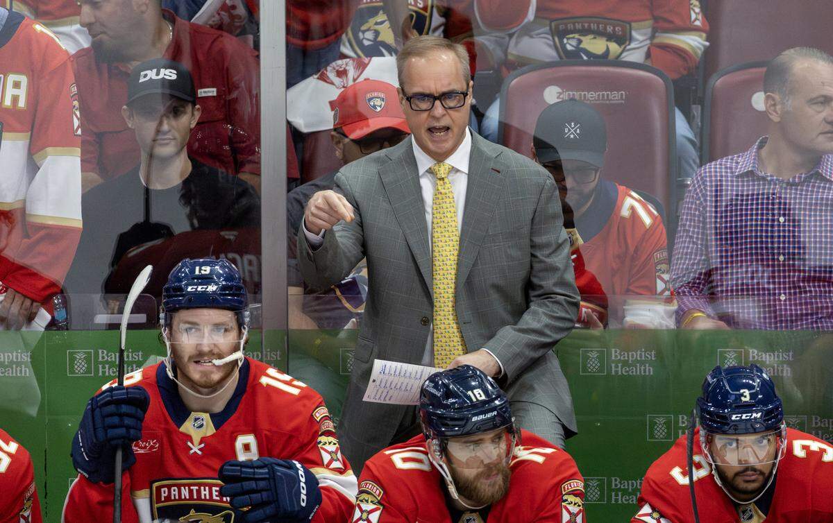 Florida Panthers head coach Paul Maurice gestures during the first period of Game 3 in the Eastern Conference Final against the Carolina Hurricanes, Saturday, May 24, 2025, at Amerant Bank Arena in Sunrise, Fla.