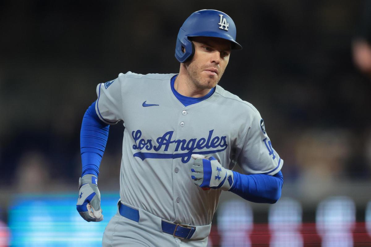 May 5, 2025; Miami, Florida, USA; Los Angeles Dodgers first baseman Freddie Freeman (5) circles the bases after hitting a two-run home run against the Miami Marlins during the third inning at loanDepot Park. Mandatory Credit: Sam Navarro-Imagn Images